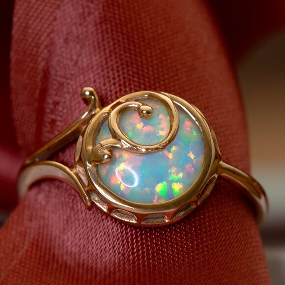 Stunning Custom Made 14K Rose Gold Opal Ring Vintage Real Gold Opal Ring Sz 6.75 - Picture 4 of 12